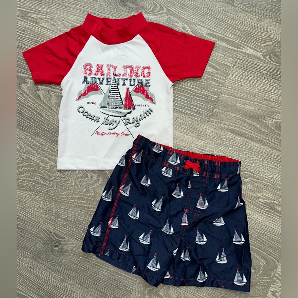 Boys Youth Kids Swimwear Rash Guard Top Swim Trunks Sailboats Red White Blue 3T